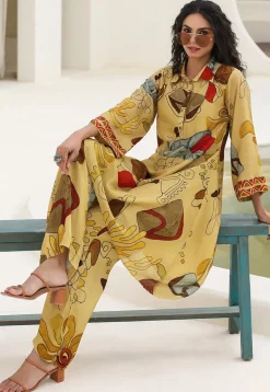 Digital Printed Art Silk A Line Kurta Set in Yellow