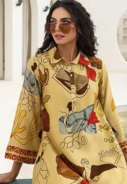 Digital Printed Art Silk A Line Kurta Set in Yellow