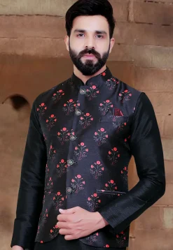Digital Printed Art Silk Nehru Jacket in Black