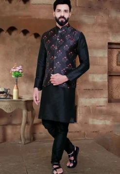 Digital Printed Art Silk Nehru Jacket in Black