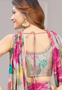 Digital Printed Art Silk Crop Top Set in Grey
