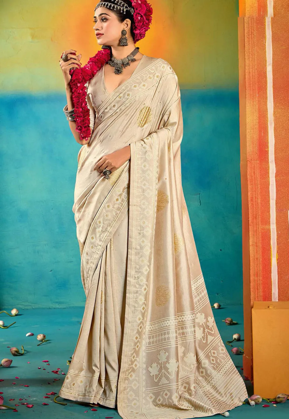 Digital Printed Art Silk Saree in Cream