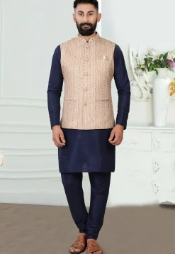 Digital Printed Art Silk Nehru Jacket in Beige