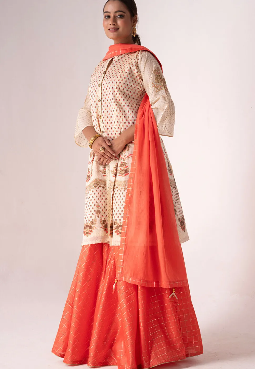 Digital Printed Art Silk Lehenga in Orange