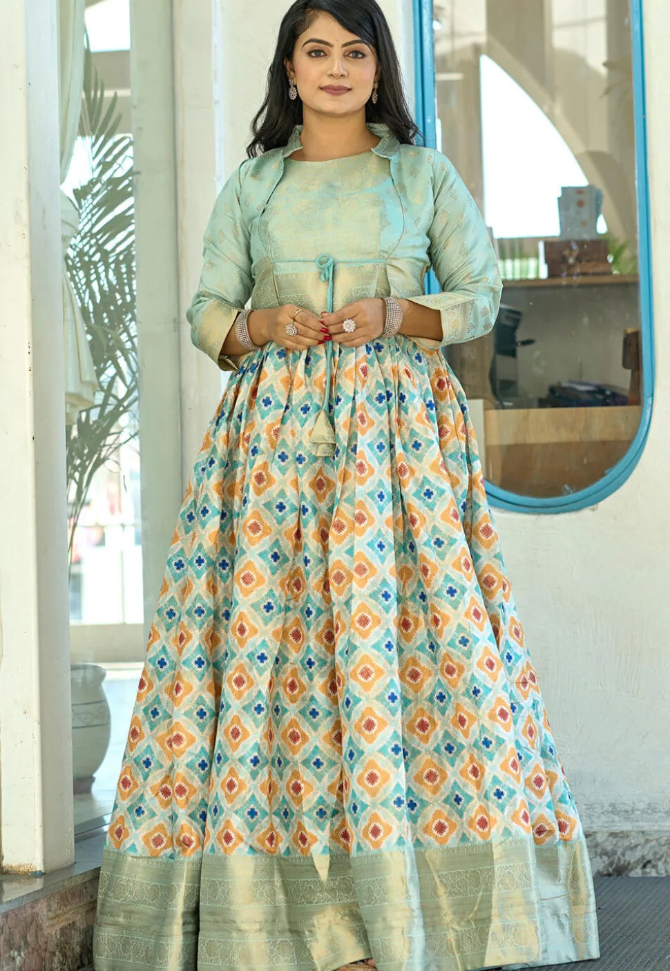 Digital Printed Art Silk Gown in Sky Blue