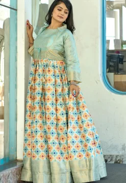 Digital Printed Art Silk Gown in Sky Blue