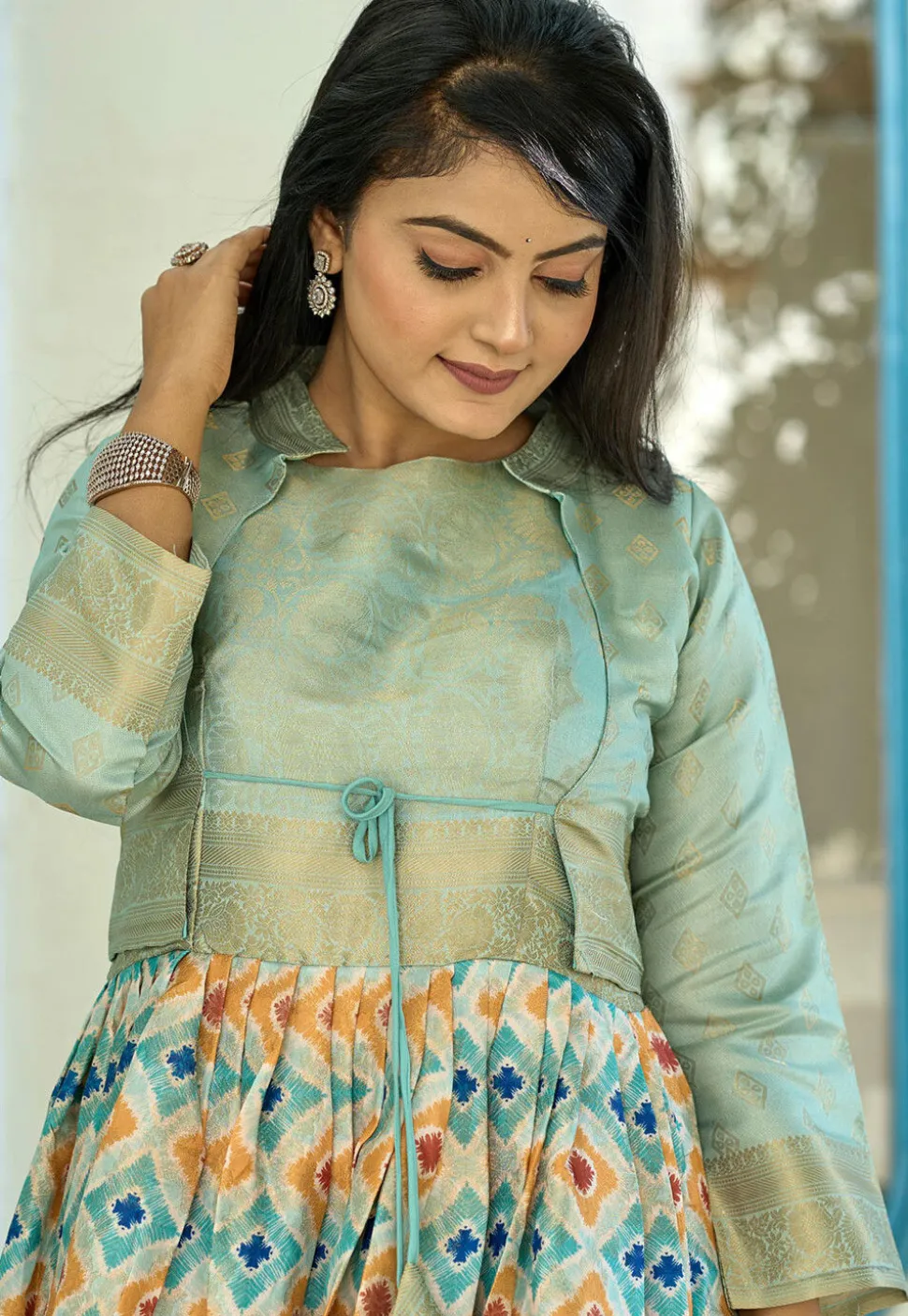 Digital Printed Art Silk Gown in Sky Blue