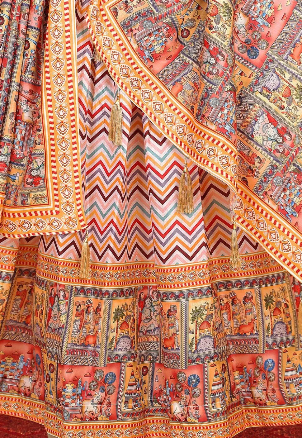Digital Printed Art Silk Lehenga in Multicolor