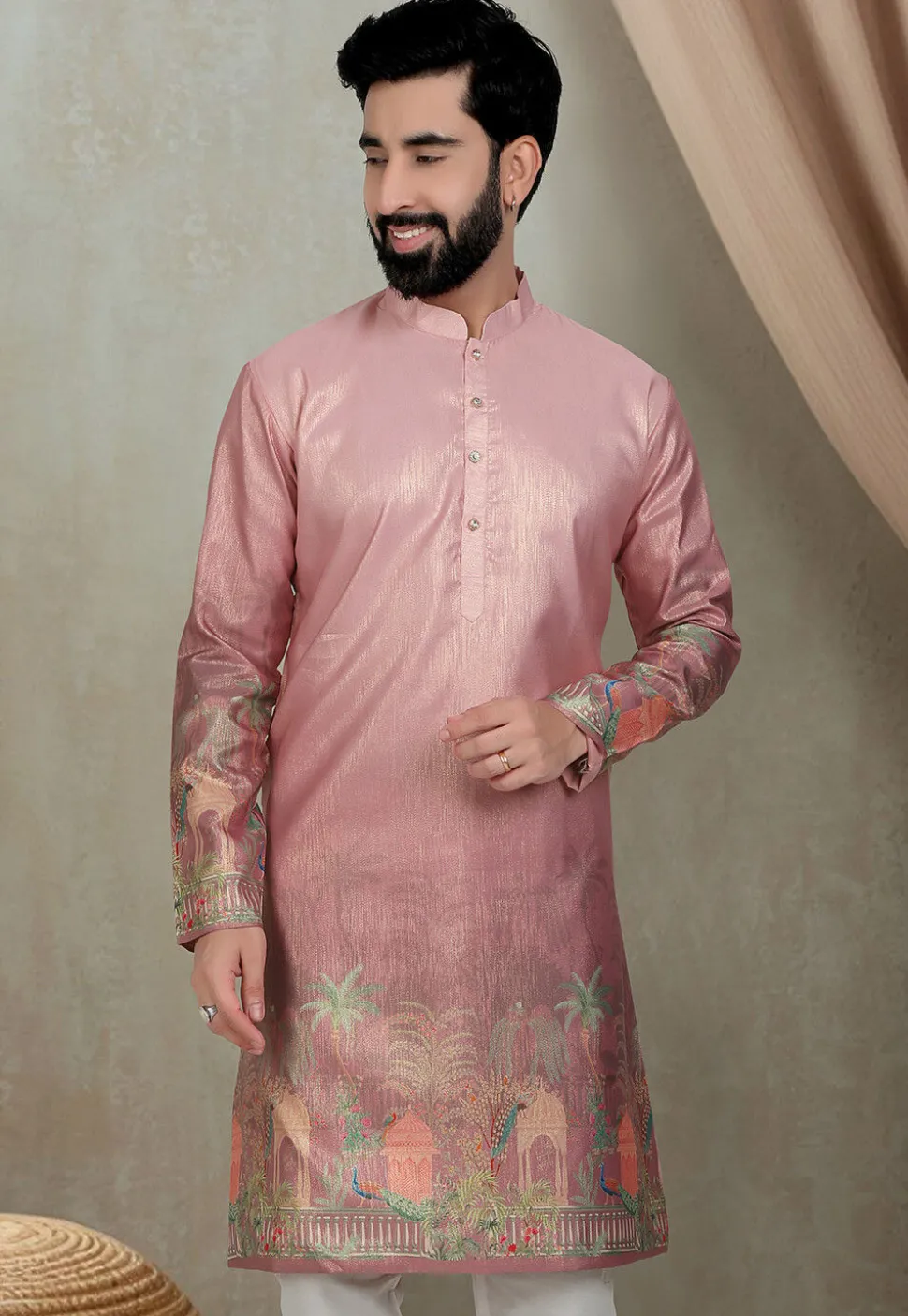 Digital Printed Art Silk Kurta in Peach