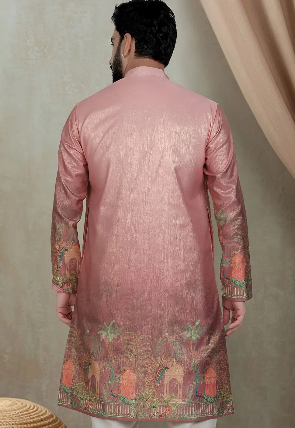 Digital Printed Art Silk Kurta in Peach