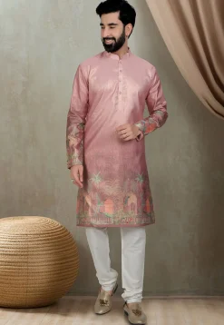 Digital Printed Art Silk Kurta in Peach