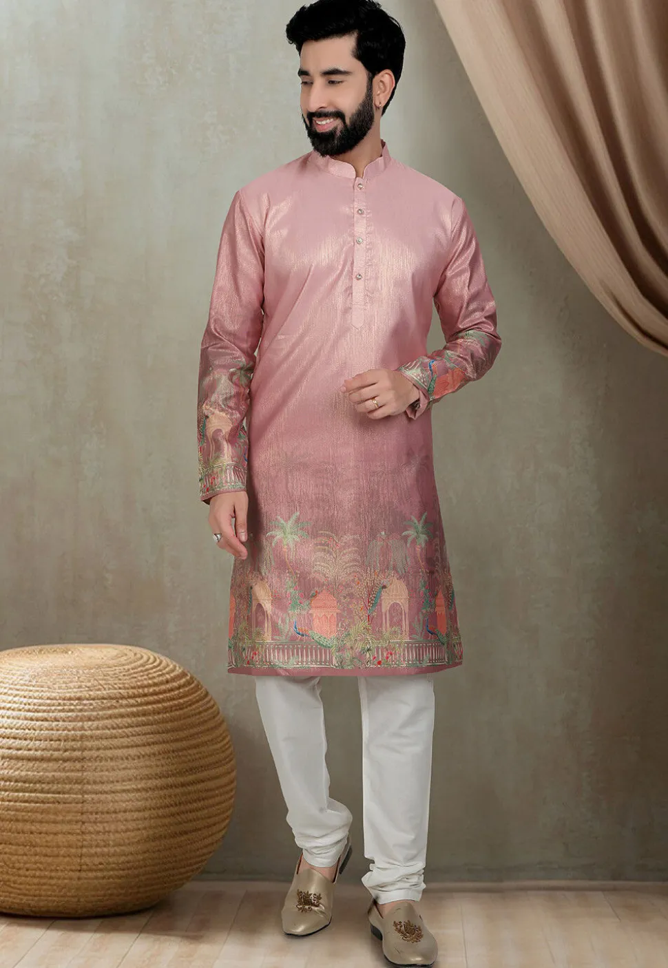 Digital Printed Art Silk Kurta in Peach