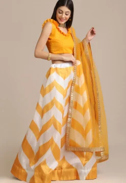 Digital Printed Art Silk Lehenga in Mustard and Off White