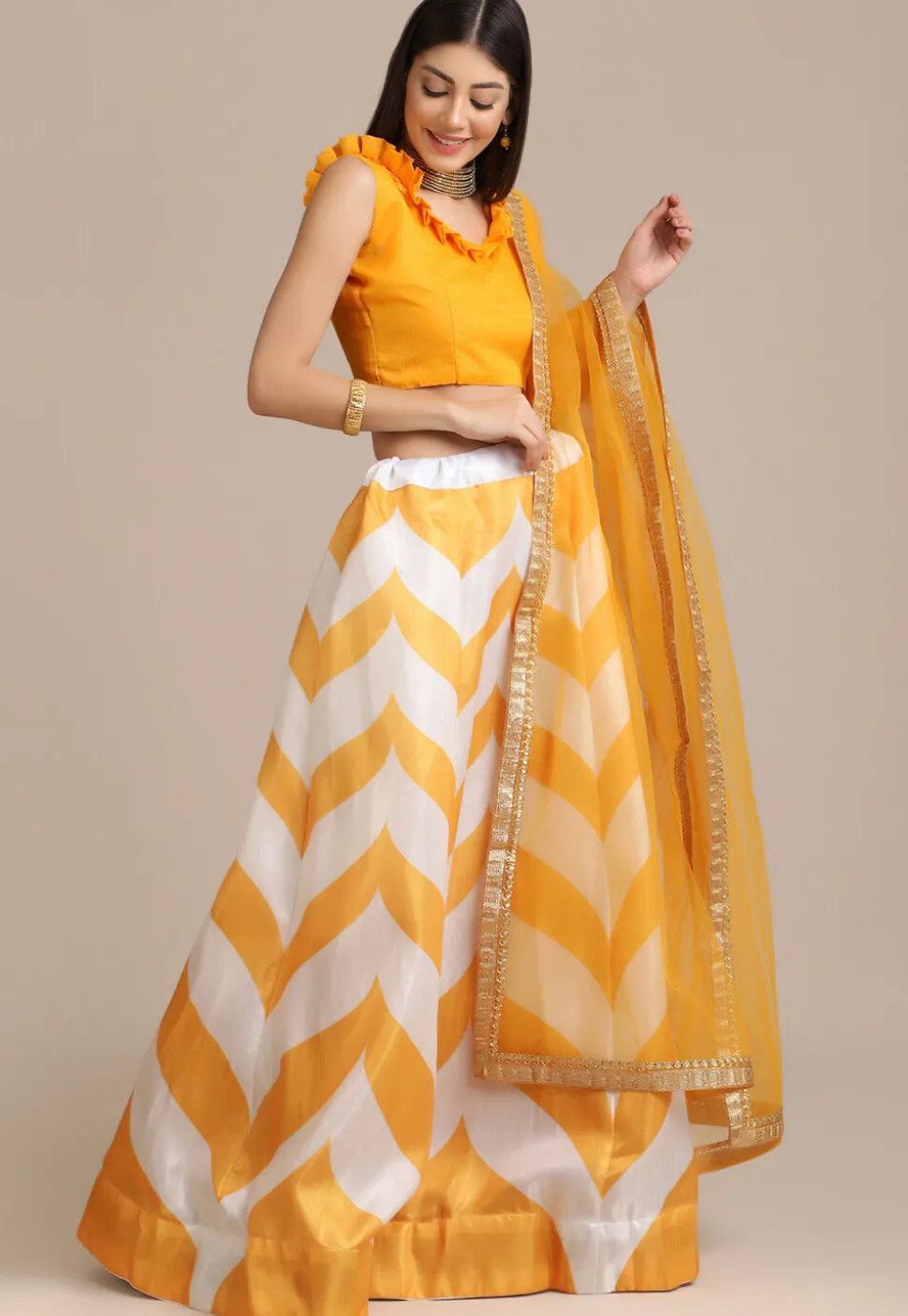 Digital Printed Art Silk Lehenga in Mustard and Off White