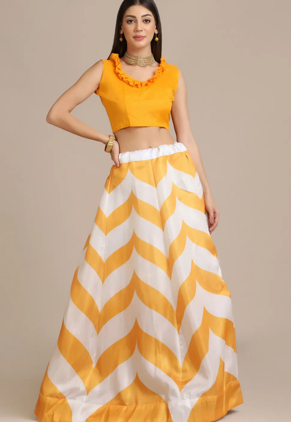Digital Printed Art Silk Lehenga in Mustard and Off White