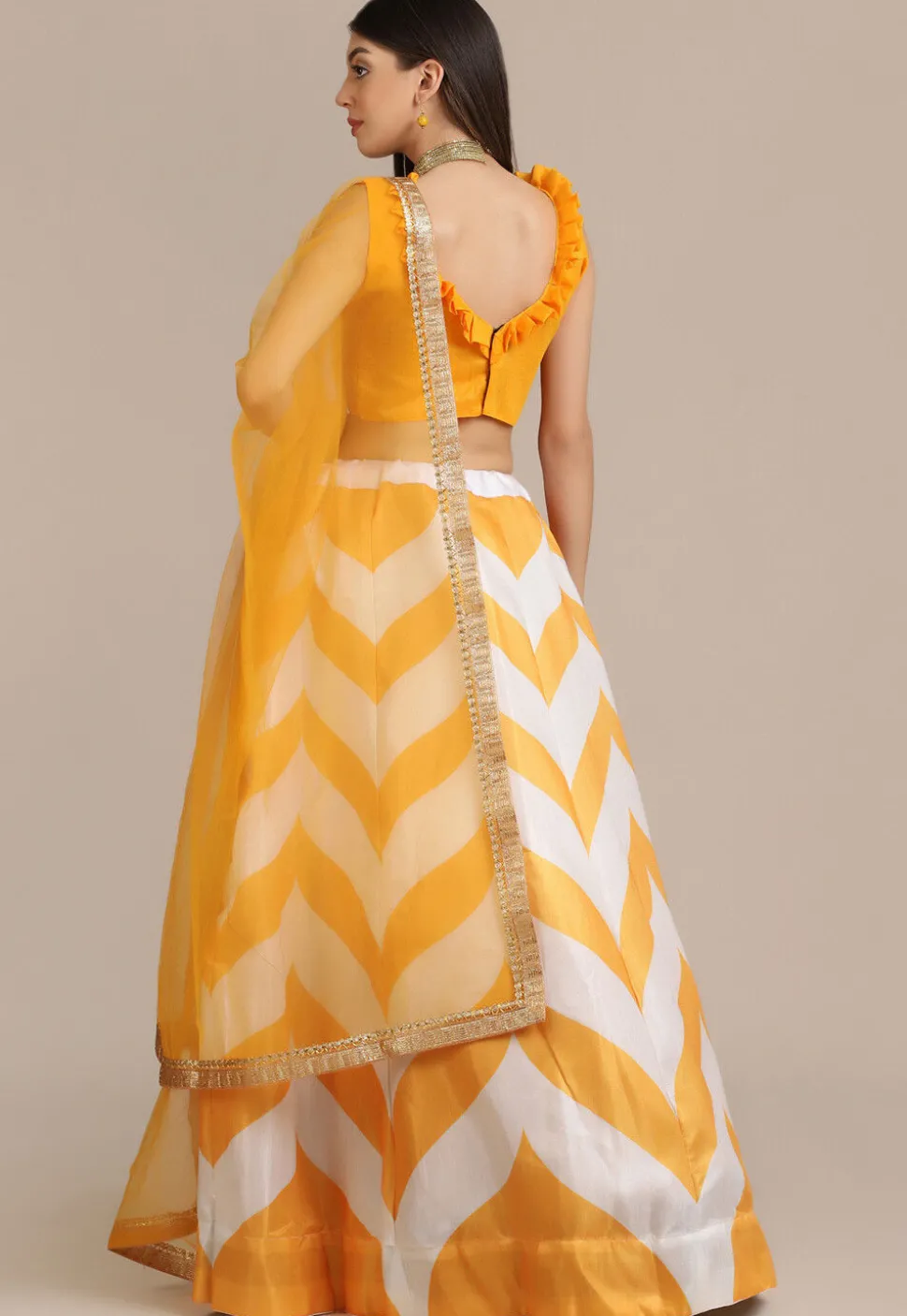 Digital Printed Art Silk Lehenga in Mustard and Off White