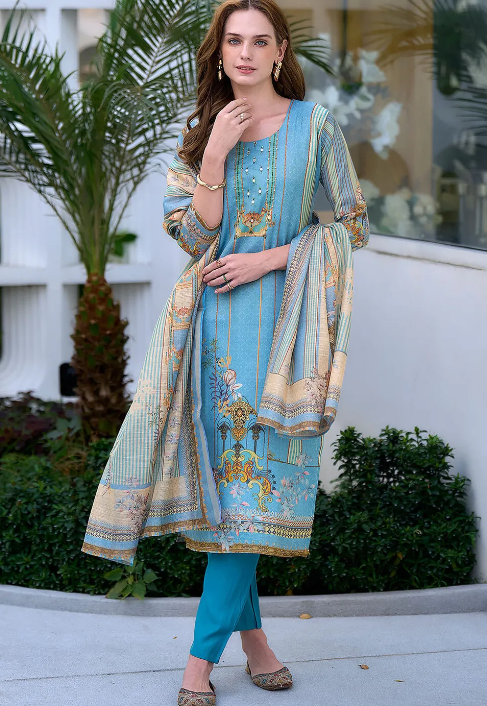 Digital Printed Art Silk Pakistani Suit in Light Blue