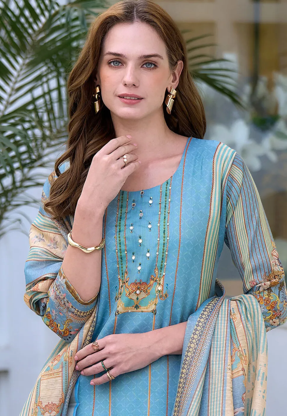 Digital Printed Art Silk Pakistani Suit in Light Blue