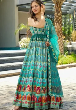 Digital Printed Art Silk Abaya Style Suit in Sea Green