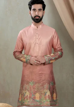 Digital Printed Art Silk Kurta in Peach