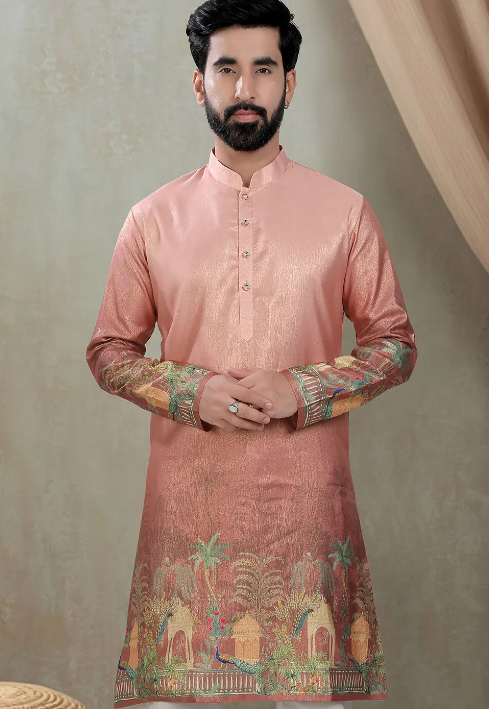 Digital Printed Art Silk Kurta in Peach