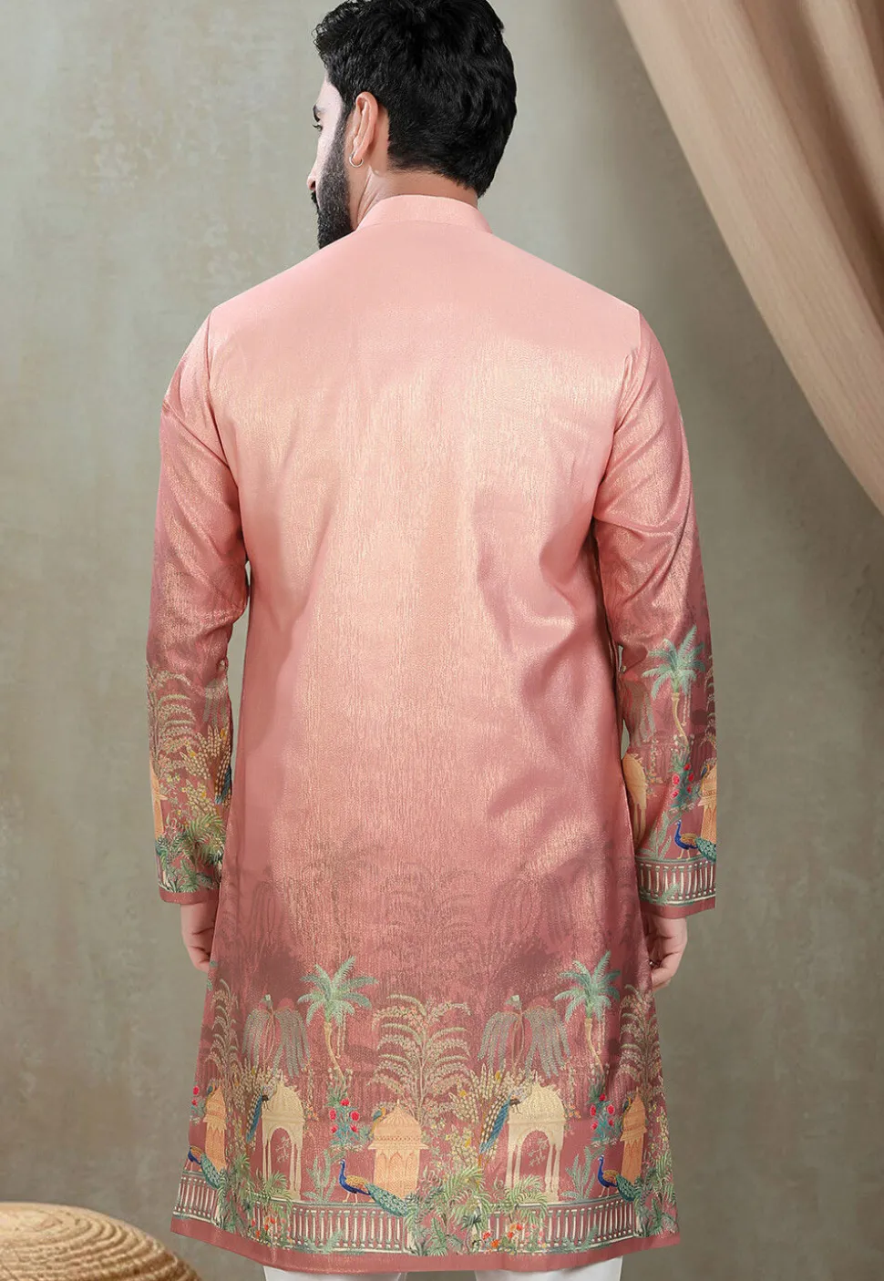 Digital Printed Art Silk Kurta in Peach