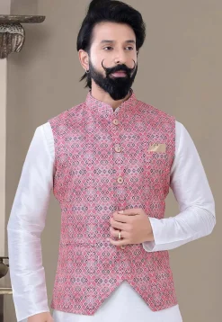 Digital Printed Art Silk Nehru Jacket in Pink