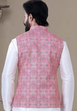 Digital Printed Art Silk Nehru Jacket in Pink