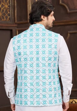 Digital Printed Art Silk Nehru Jacket in Sky Blue