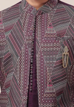 Digital Printed Art Silk Sherwani in Wine