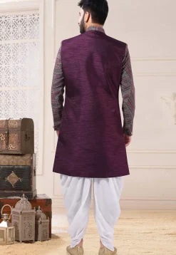 Digital Printed Art Silk Sherwani in Wine