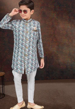 Digital Printed Art Silk Jacquard Sherwani in Off White and Multicolor