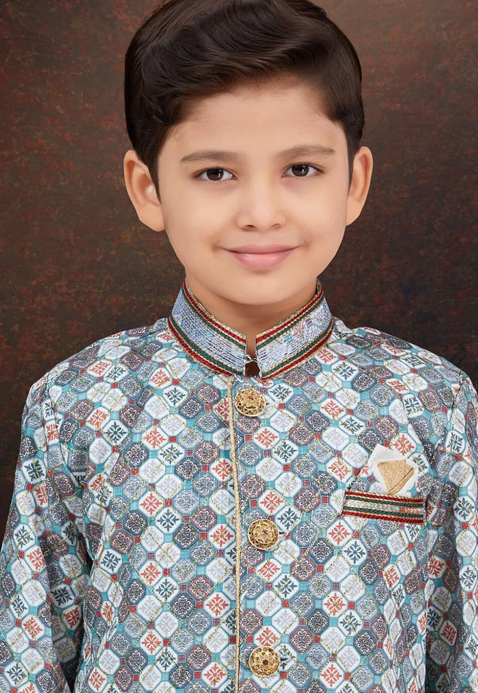 Digital Printed Art Silk Jacquard Sherwani in Off White and Multicolor