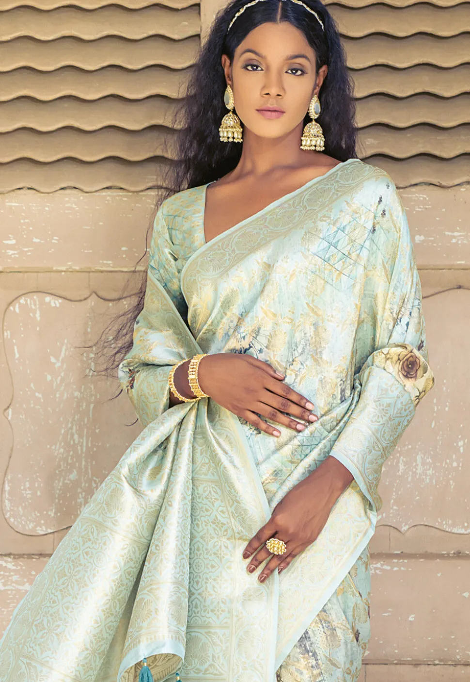 Digital Printed Art Silk Saree in Sea Green