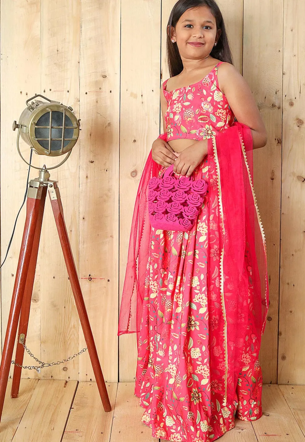 Digital Printed Art Silk Lehenga in Pink