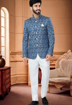 Digital Printed Art Silk Jodhpuri Suit in Blue