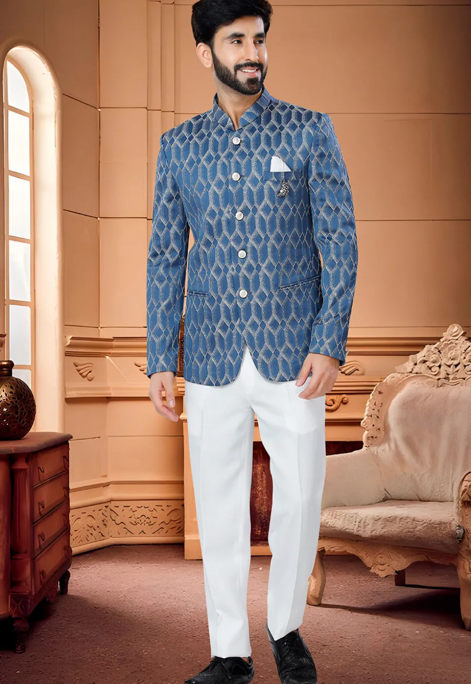 Digital Printed Art Silk Jodhpuri Suit in Blue