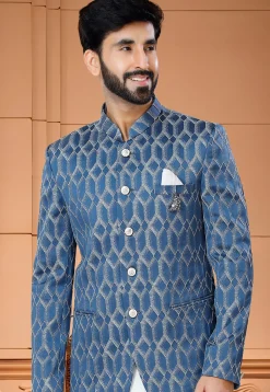 Digital Printed Art Silk Jodhpuri Suit in Blue