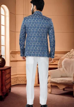Digital Printed Art Silk Jodhpuri Suit in Blue
