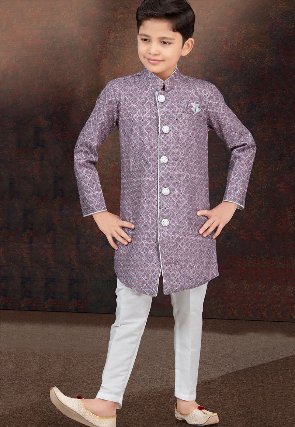 Digital Printed Art Silk Jacquard Sherwani in Purple