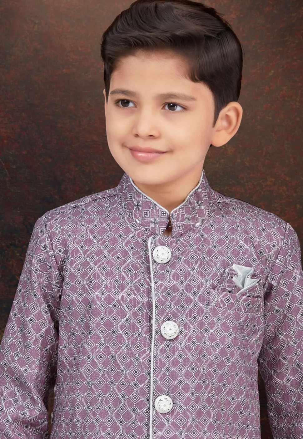 Digital Printed Art Silk Jacquard Sherwani in Purple