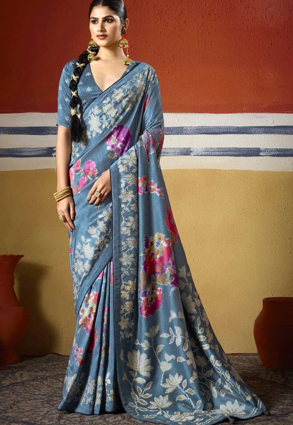Digital Printed Art Silk Saree in Dusty Blue