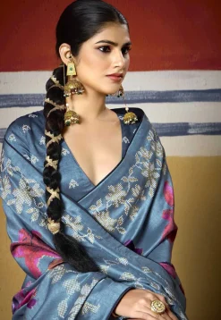 Digital Printed Art Silk Saree in Dusty Blue