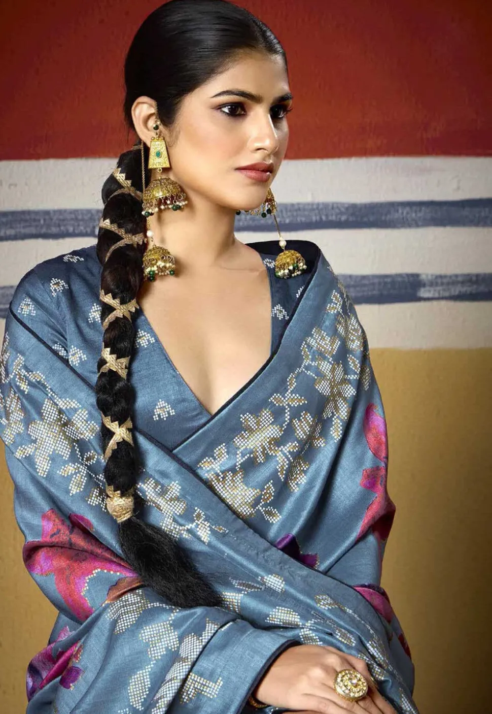 Digital Printed Art Silk Saree in Dusty Blue