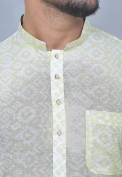Digital Printed Art Silk Short Kurta Set in Light Yellow