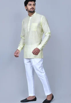 Digital Printed Art Silk Short Kurta Set in Light Yellow