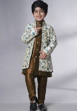Digital Printed Art Silk Sherwani in Brown