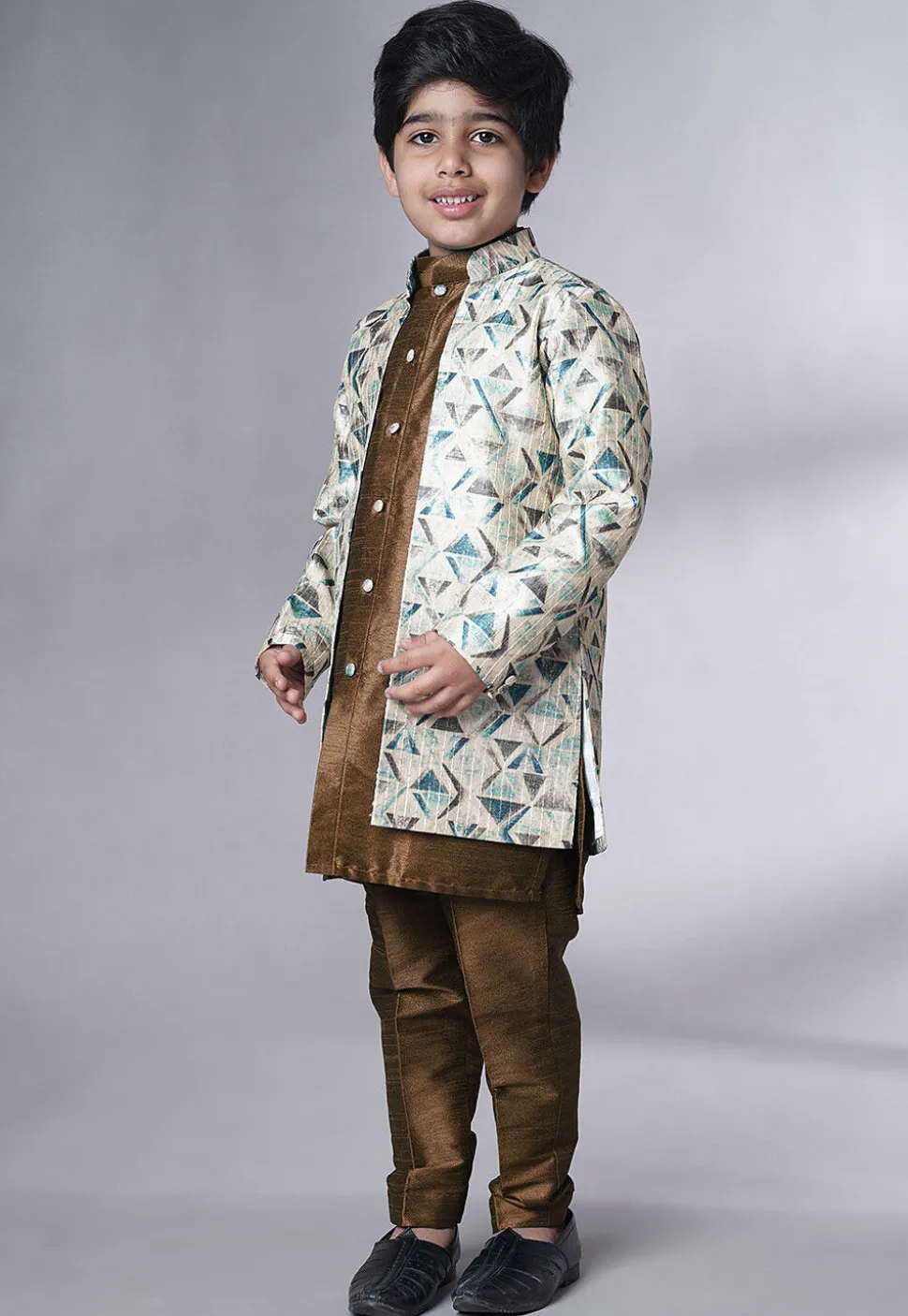 Digital Printed Art Silk Sherwani in Brown