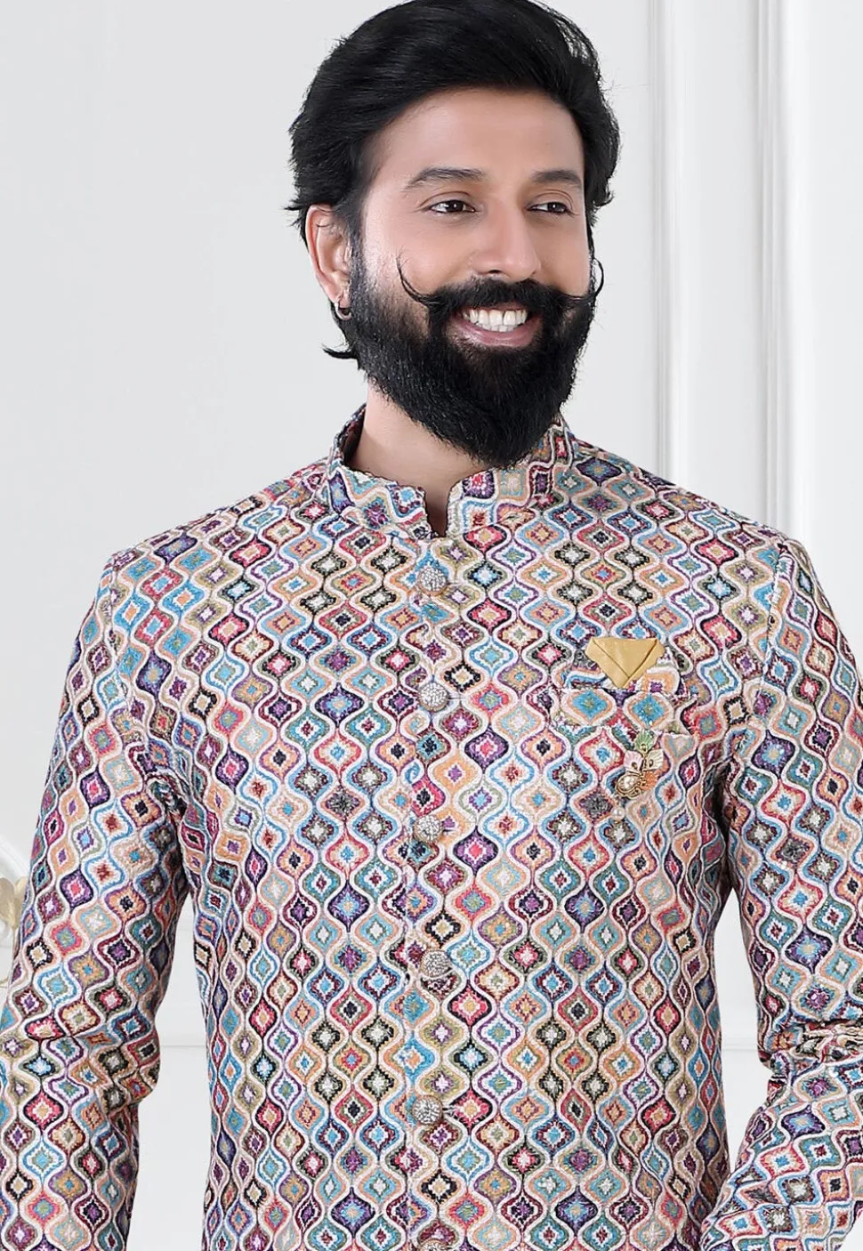Digital Printed Art Silk Jacquard Sherwani in Multicolor