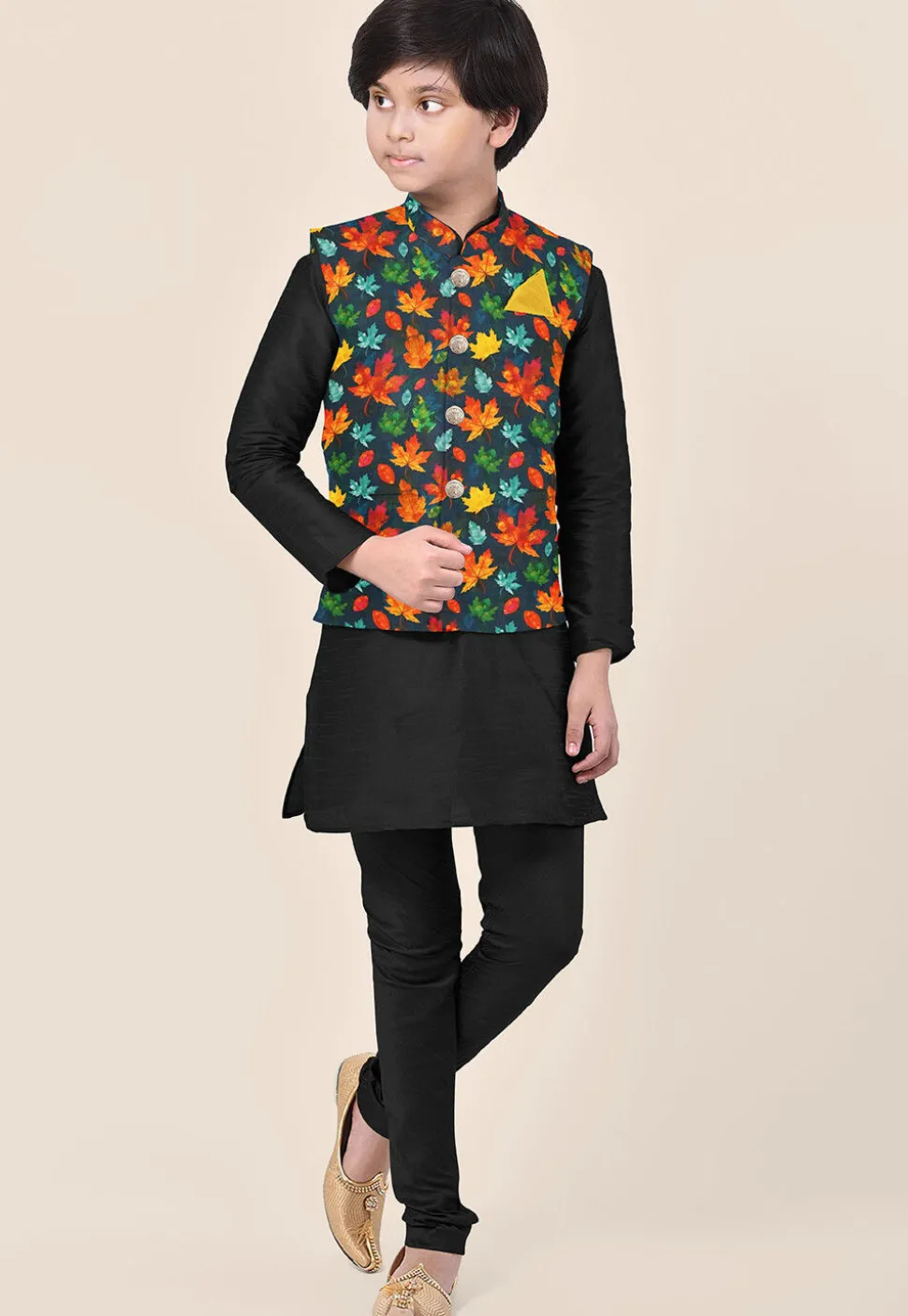 Digital Printed Art Silk Kurta Set in Black